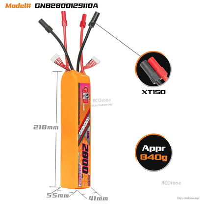 Battery dimensions diagram with XT150 connector close-up and approximate 840g weight callout