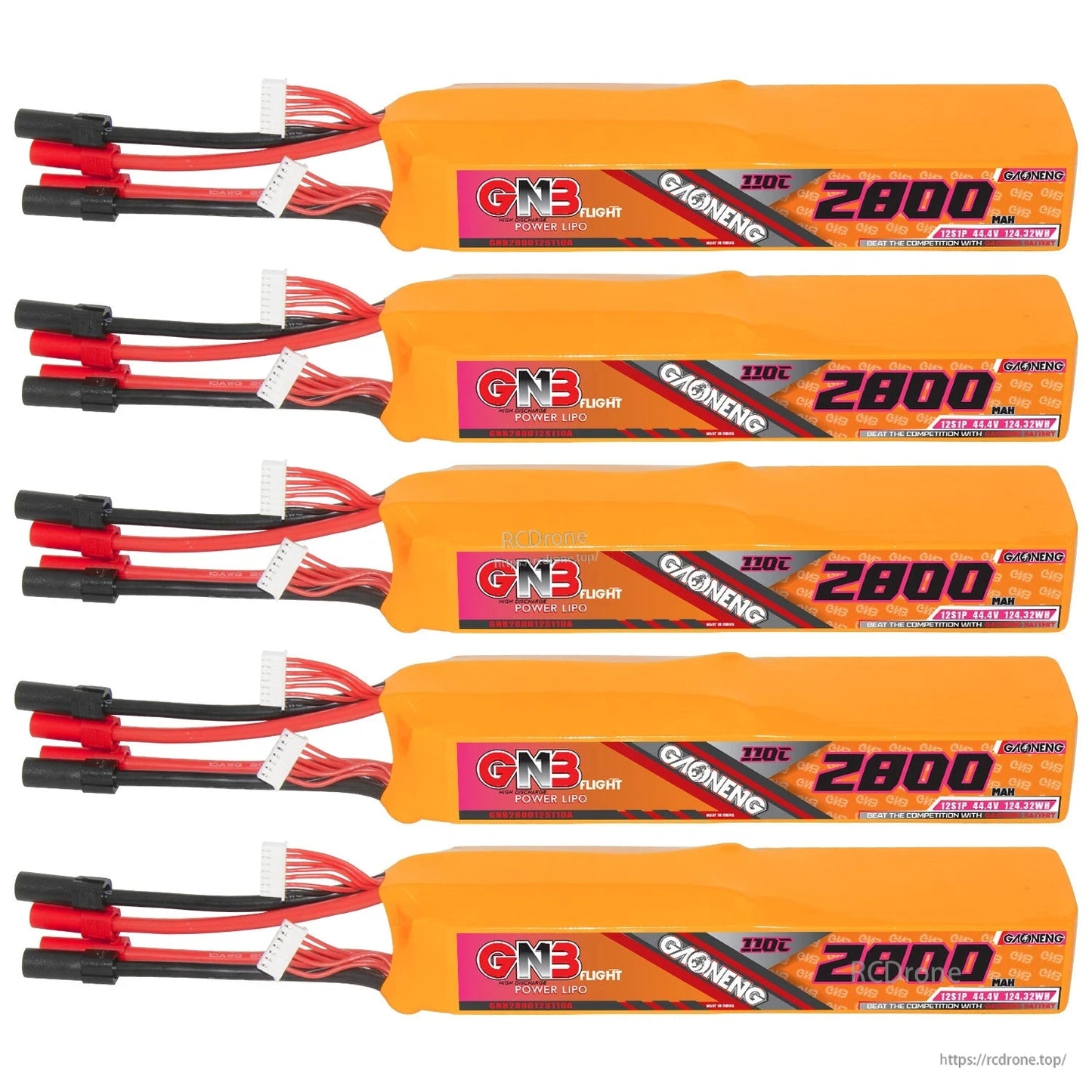 Five orange GNB 12S 2800mAh LiPo batteries arranged in a column, labels facing forward