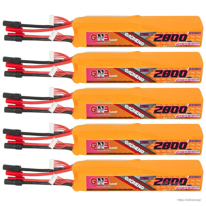 Five orange GNB 12S 2800mAh LiPo batteries arranged in a column, labels facing forward