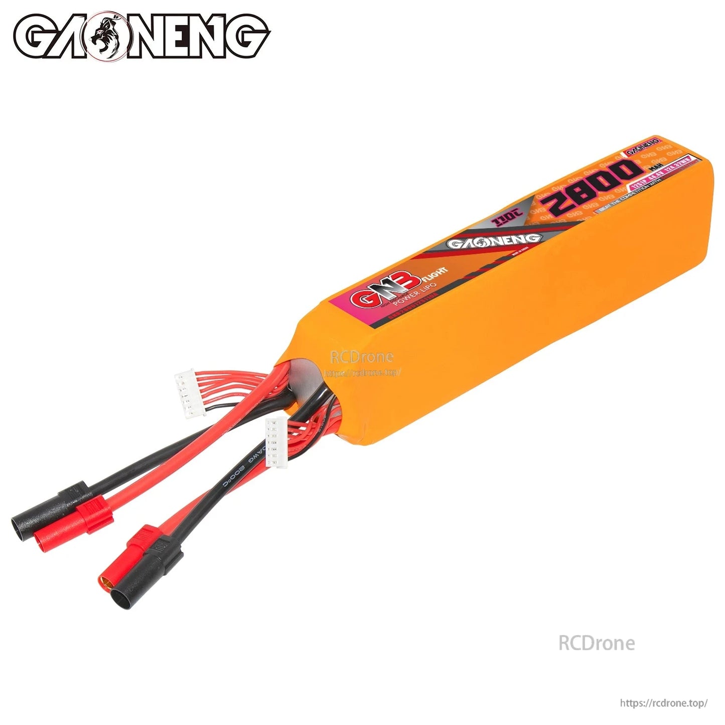 Angled view highlighting main power leads and balance connectors coming out of the pack