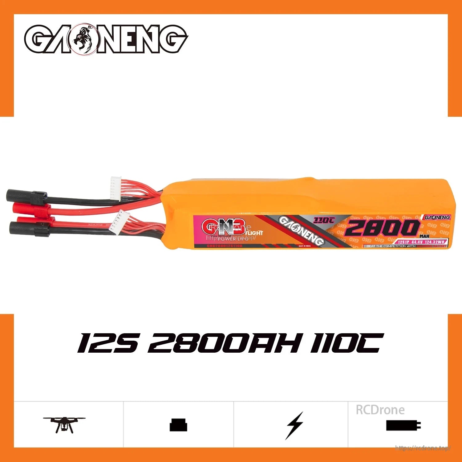 GAONENG GNB 12S 2800mAh 110C LiPo battery side profile on white background