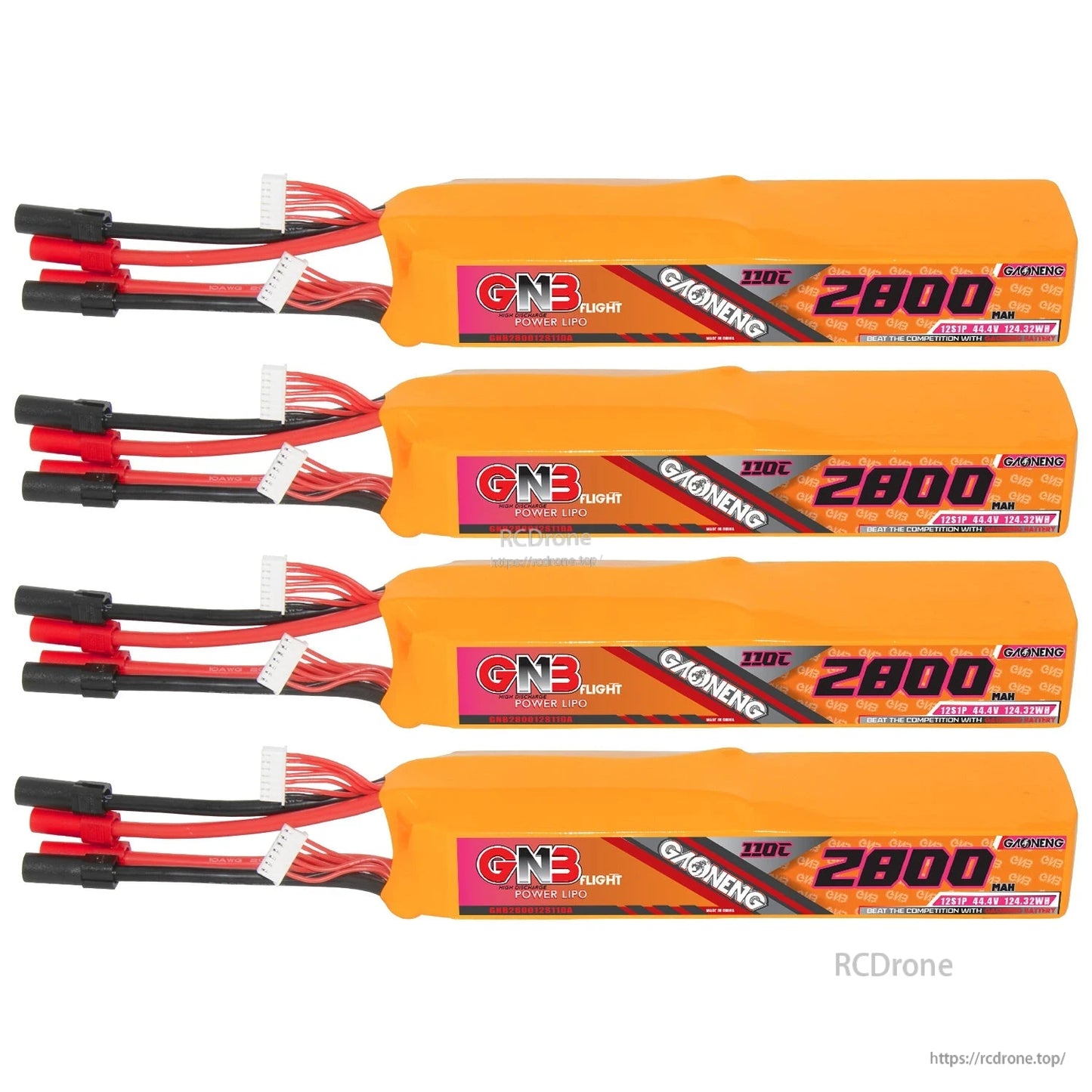 Four GNB 12S 2800mAh LiPo battery packs stacked in a row with leads on the left