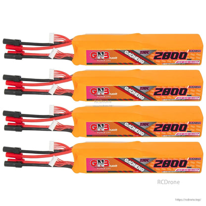 Four GNB 12S 2800mAh LiPo battery packs stacked in a row with leads on the left