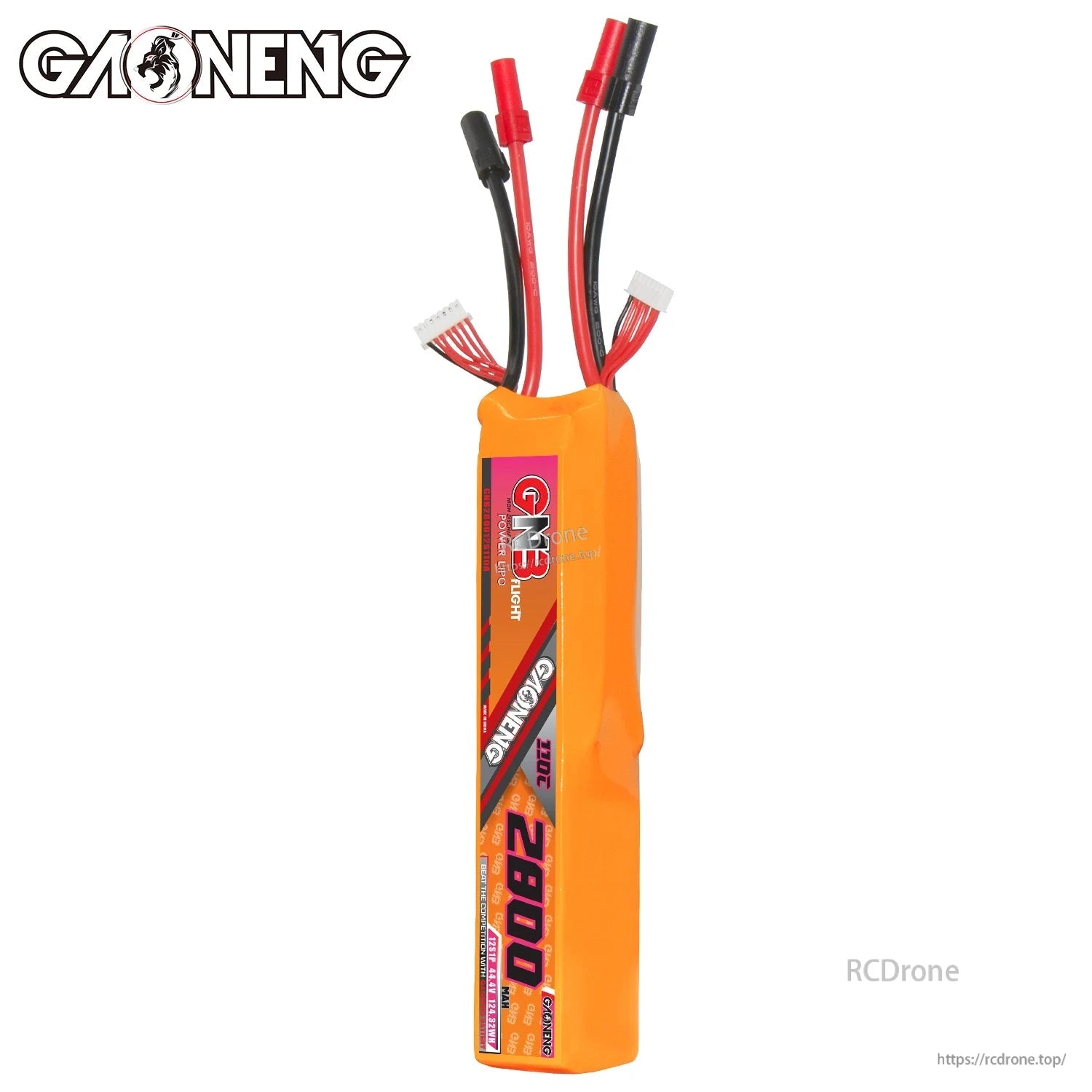 End view of orange LiPo pack showing wire exit, balance plugs, and discharge leads