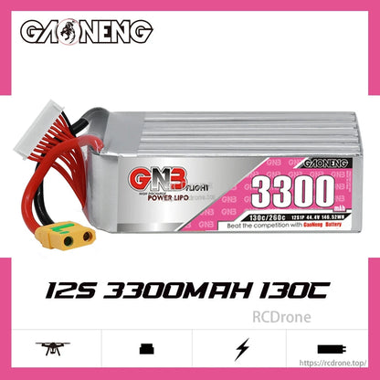 GAONENG GNB 12S 44.4V 3300mAh 130C LiPo battery label view showing key specs on pack