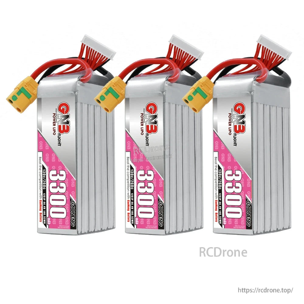 Three-pack display of GNB 3300 hard-case LiPo batteries with XT90S connectors