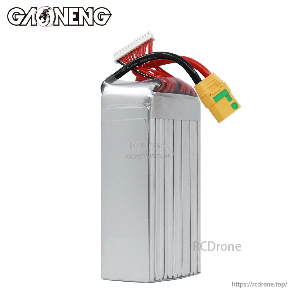 Rear/side view of silver hard-case LiPo battery showing wire exit, XT90S plug and balance lead
