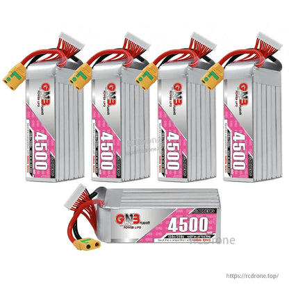 Four upright GNB 4500 batteries plus one horizontal battery shown together, XT90S connectors visible