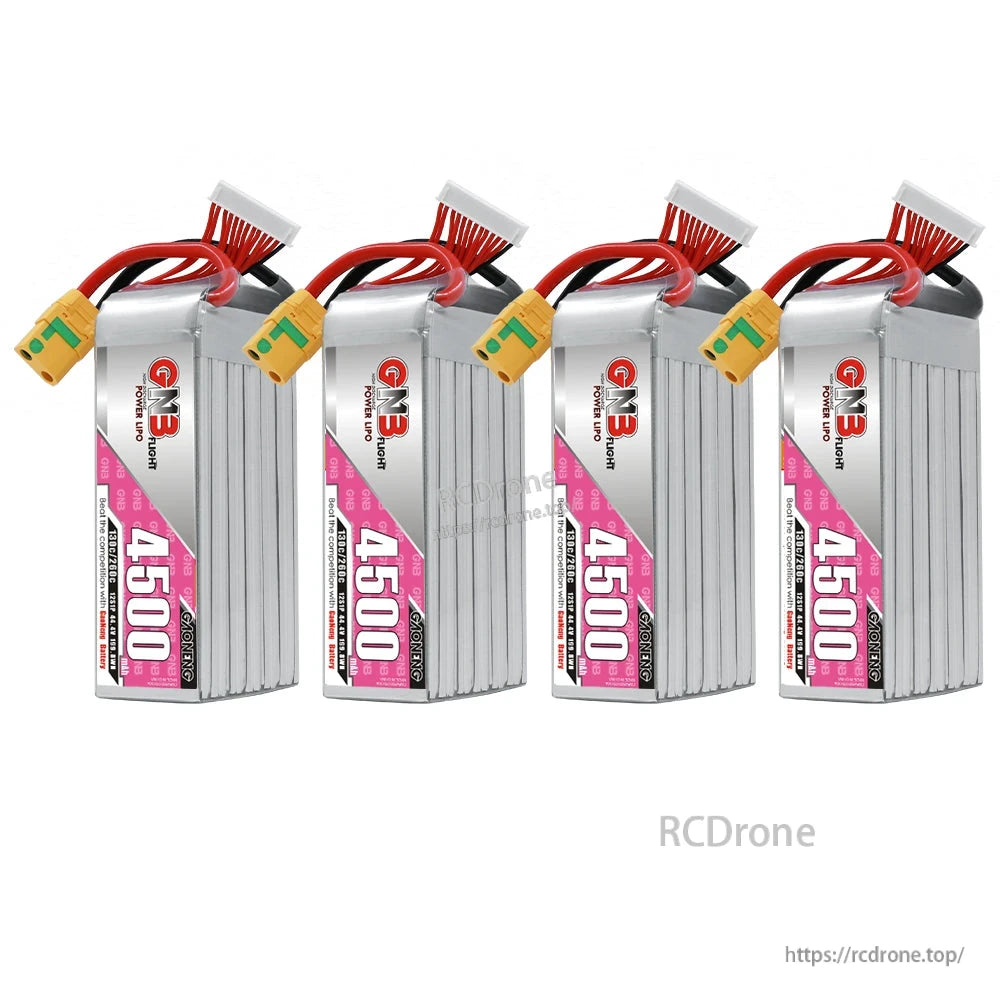 Four GNB 4500 LiPo batteries lineup shown upright with XT90S connectors
