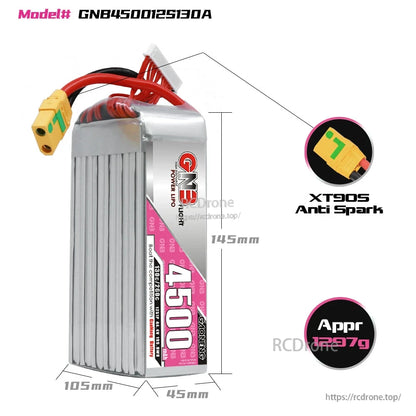 Battery dimensions diagram showing approx 145 x 105 x 45 mm, XT90S anti-spark connector callout
