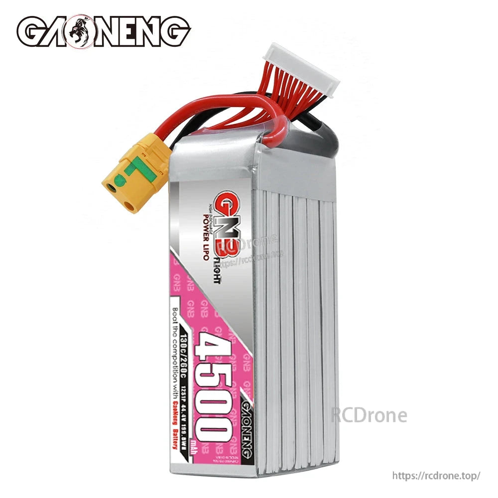 Side view of GNB 4500 battery showing label panel and wire leads with XT90S connector and balance plug