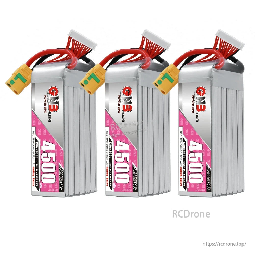 Three GNB 4500 LiPo batteries lineup, upright orientation with XT90S connectors and balance leads