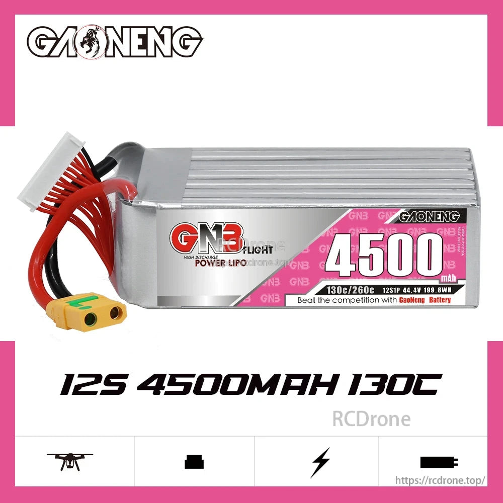 GAONENG GNB 12S 44.4V 4500mAh 130C LiPo Battery XT90S product banner with spec text