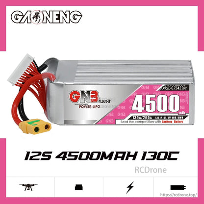GAONENG GNB 12S 44.4V 4500mAh 130C LiPo Battery XT90S product banner with spec text