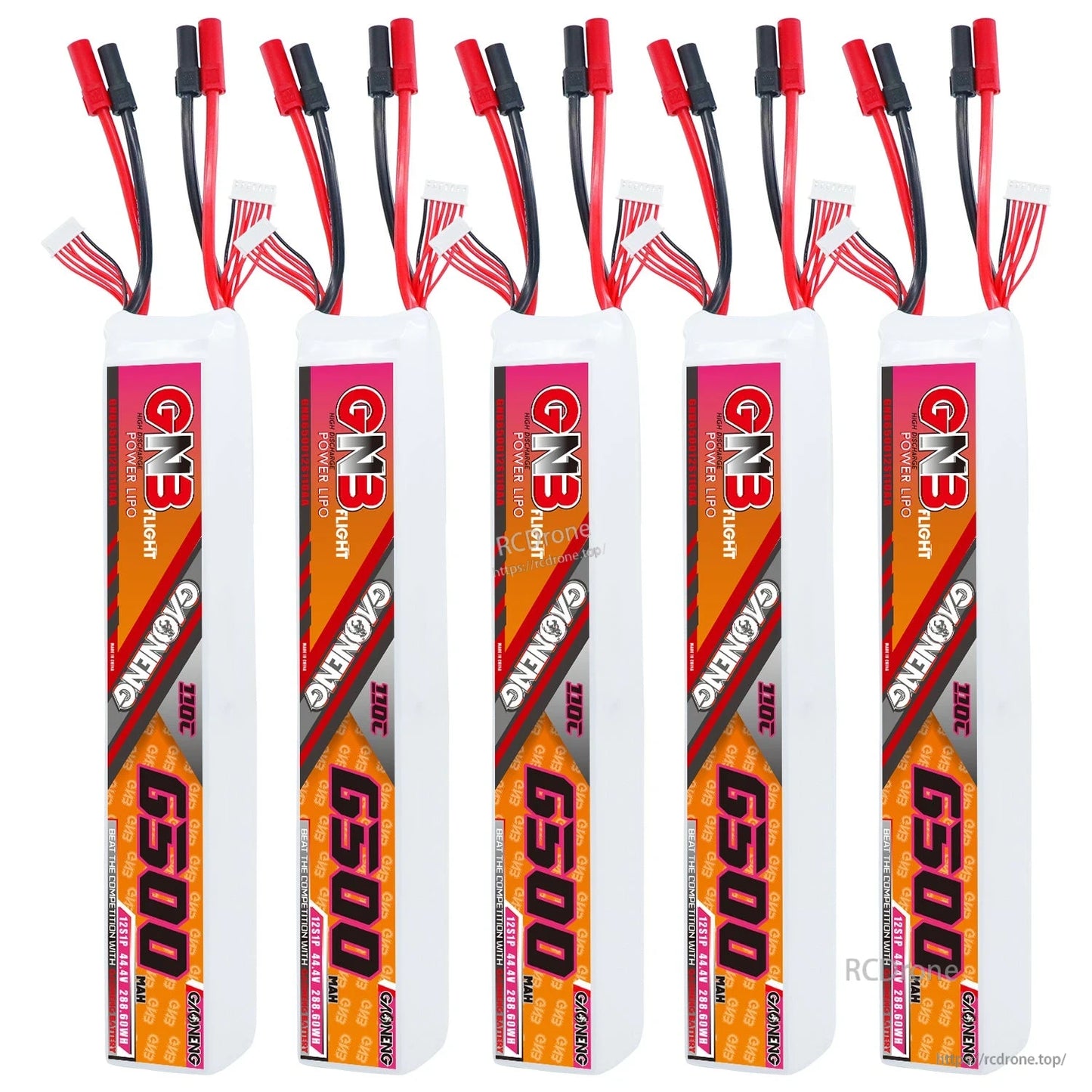 Five GNB 6500 battery packs upright lineup showing label side and top leads