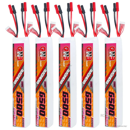 Five GNB 6500 battery packs upright lineup showing label side and top leads