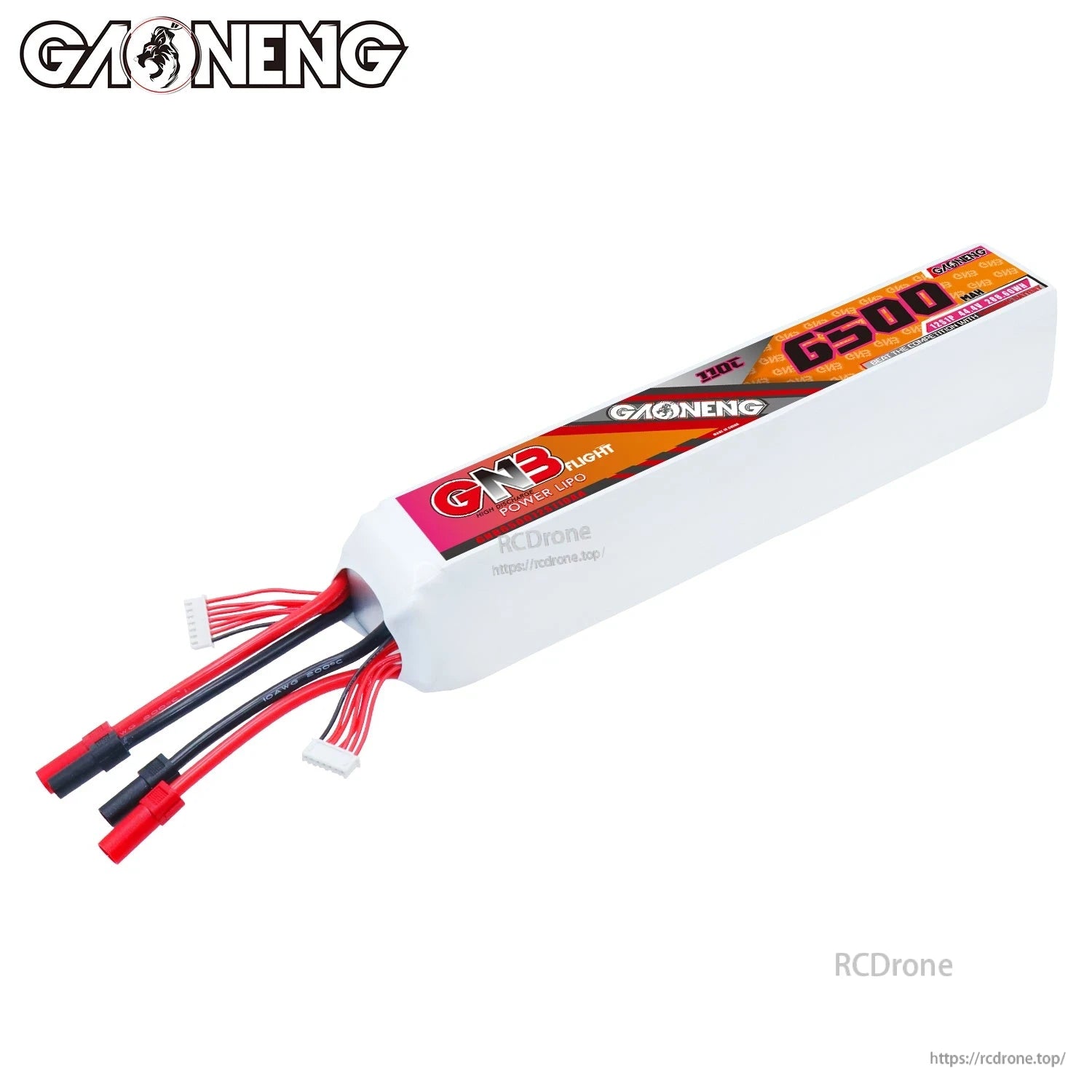 Angled side view of GNB 12S 6500 pack showing white shrink wrap, label strip, and wire exit