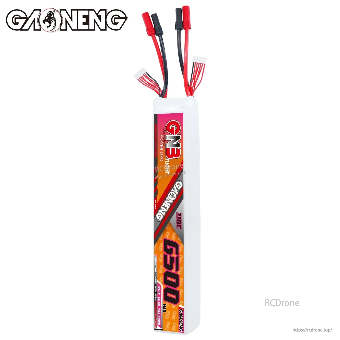 Front view of GNB 6500 battery pack standing upright with leads and balance connector visible