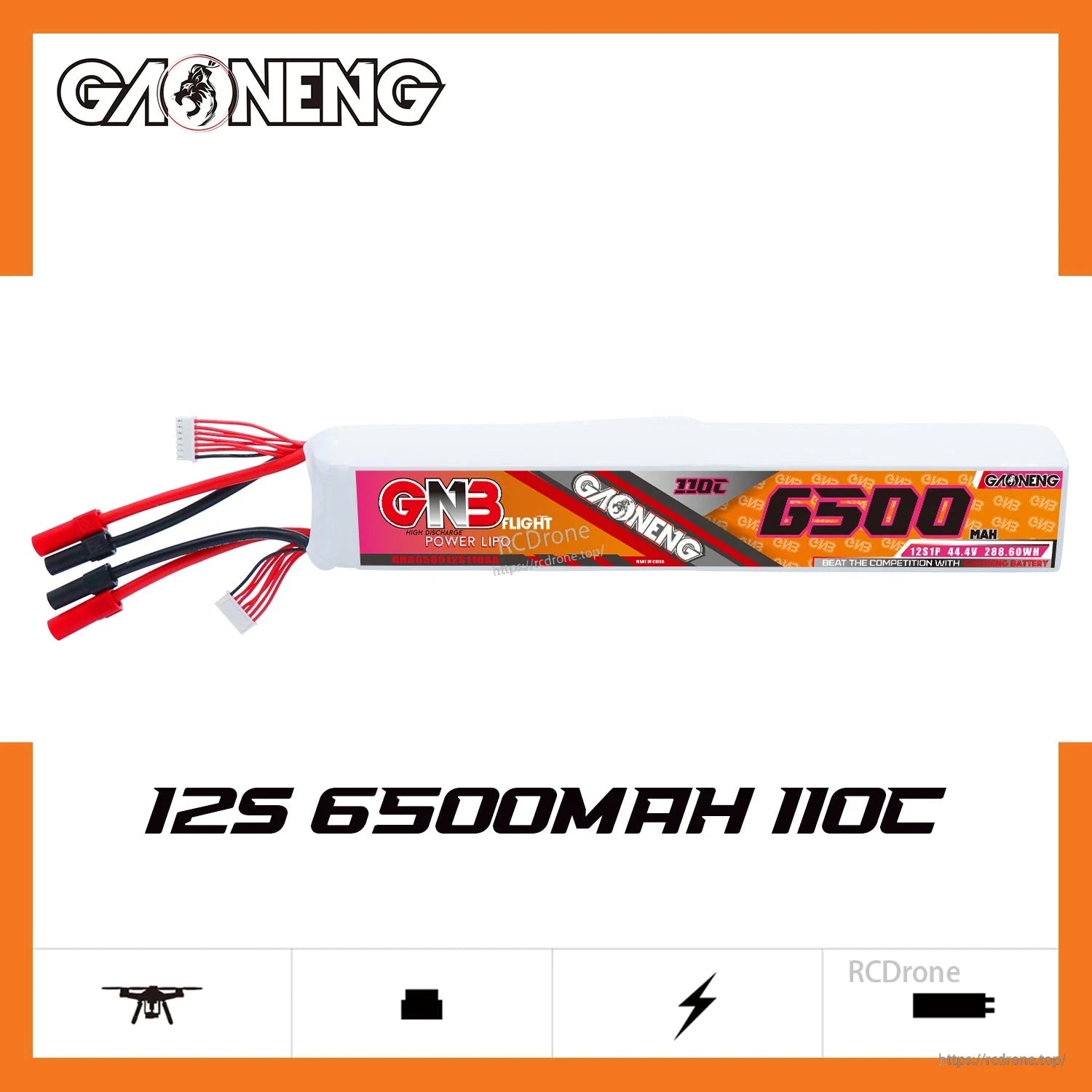 GAONENG GNB 12S 44.4V 6500mAh 110C LiPo Battery banner image with 12S 6500mAh 110C text