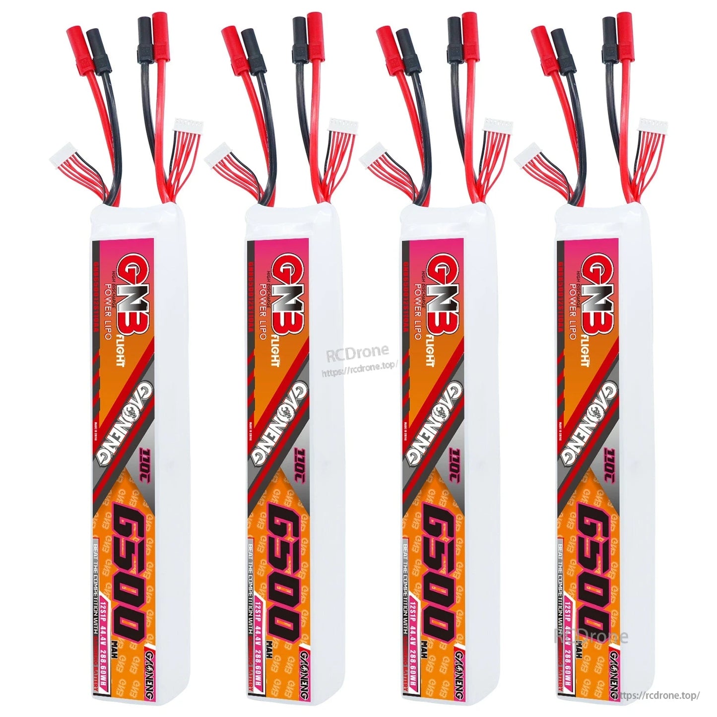 Four GNB 6500 battery packs upright in a row with discharge and balance leads at the top