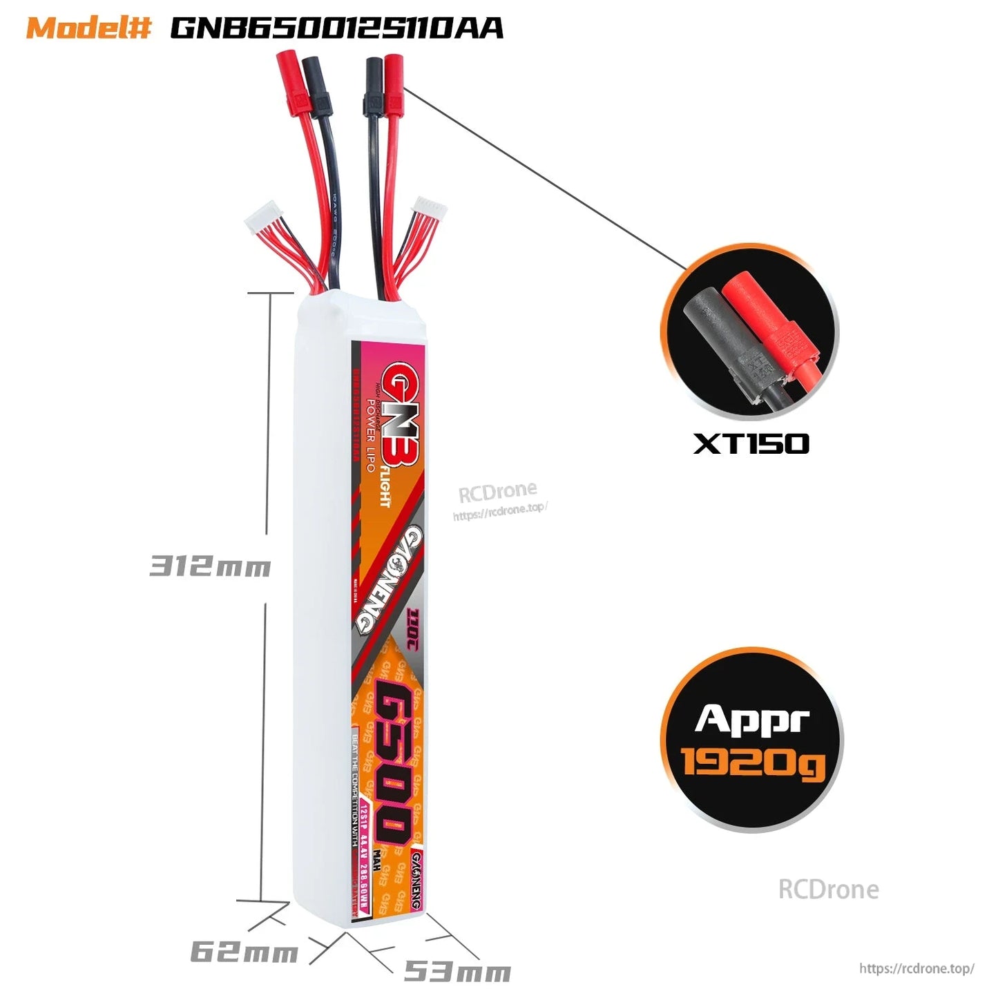 GNB650012S110AA dimensions diagram showing XT150 plug, approx weight 1920g, and battery size