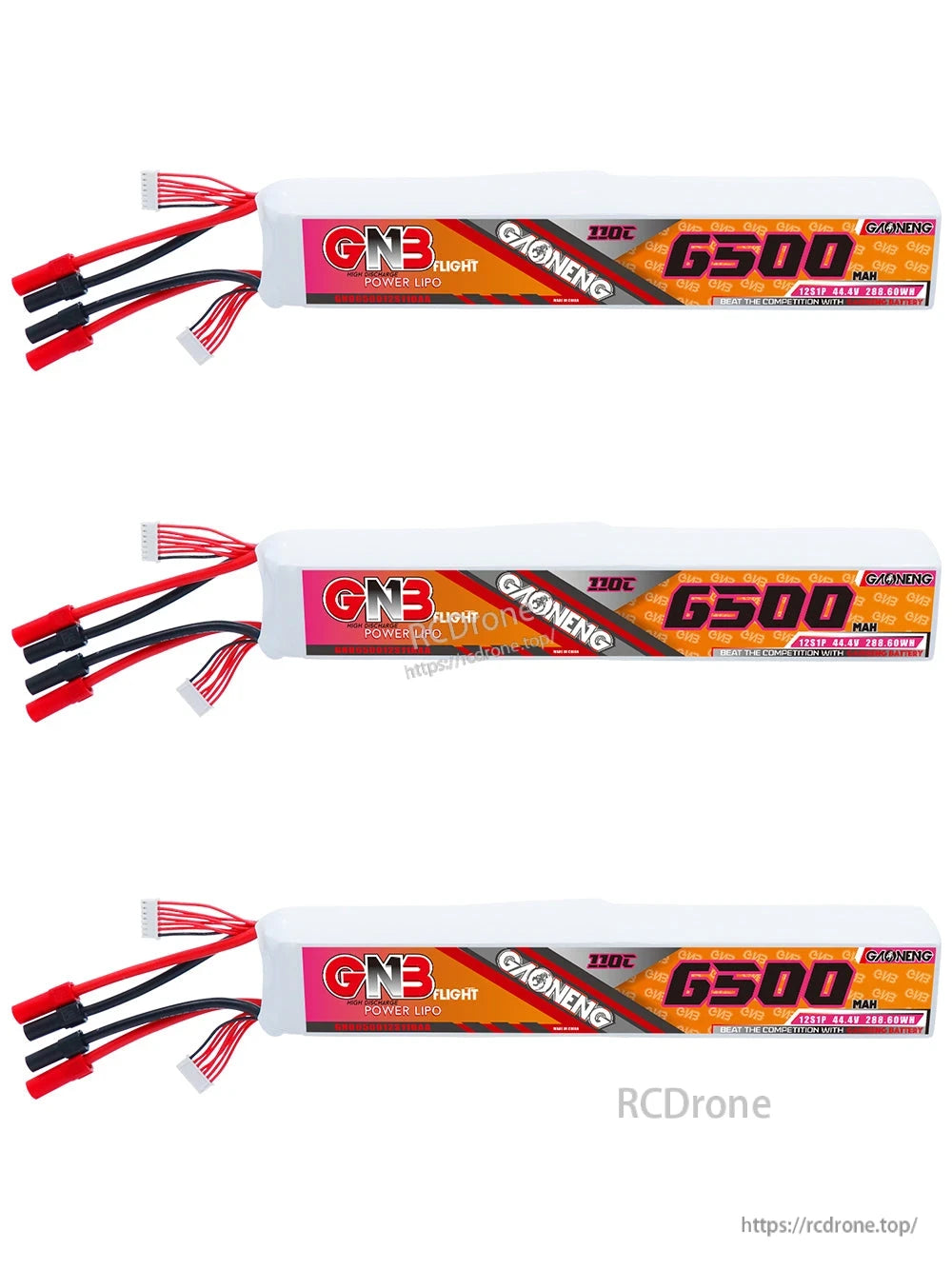 Three GNB 6500mAh battery packs displayed horizontally, showing label side and discharge leads