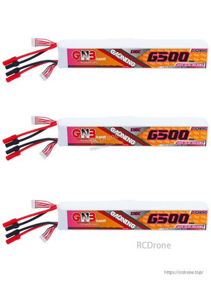 Three GNB 6500mAh battery packs displayed horizontally, showing label side and discharge leads