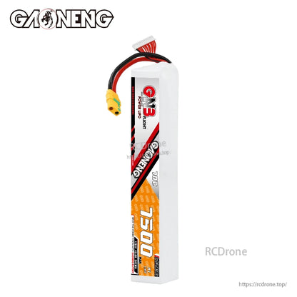 Front label view of GNB 12S HV 7500mAh 70C LiPo pack with XT90S discharge lead and balance connector