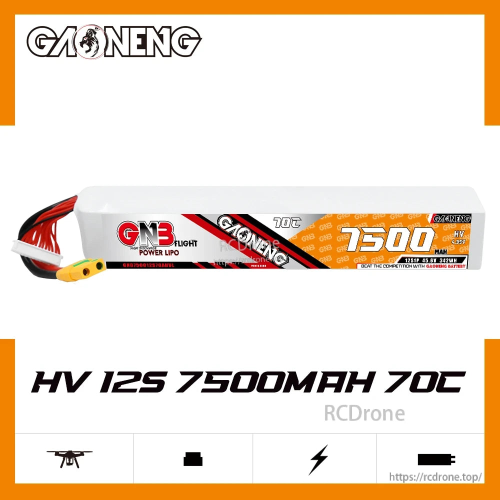 Side profile of GAONENG GNB 12S 45.6V HV 7500mAh 70C LiPo battery, label showing HV 12S 7500mAh 70C