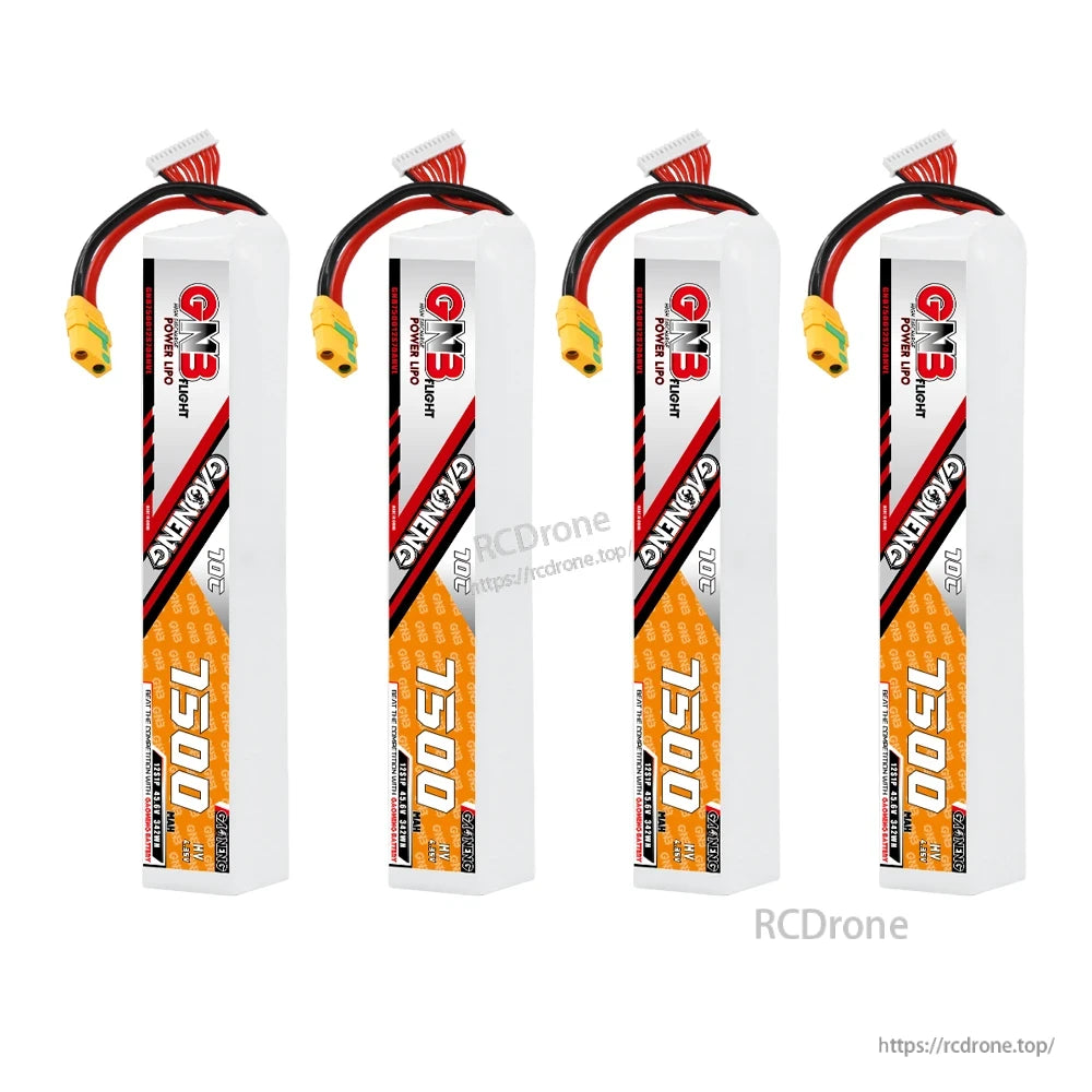 Four GNB 12S HV 7500mAh 70C LiPo batteries displayed in a row with XT90S anti-spark connectors