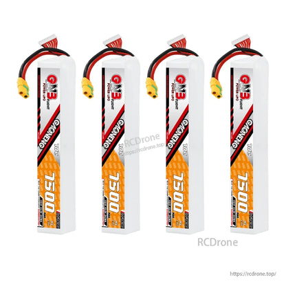 Four GNB 12S HV 7500mAh 70C LiPo batteries displayed in a row with XT90S anti-spark connectors