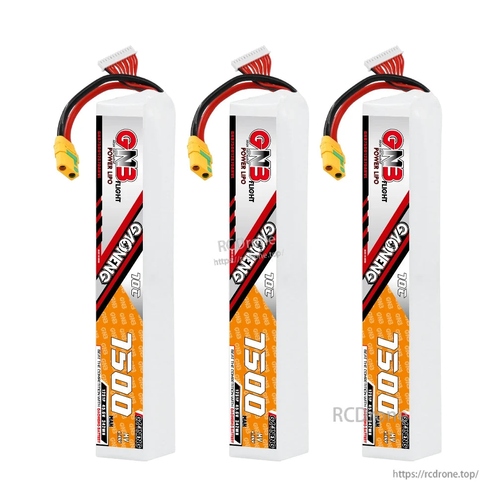 Three-pack lineup of GNB 12S HV 7500mAh 70C LiPo batteries with XT90S anti-spark connectors