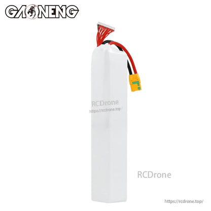 Rear/blank side view of white LiPo pack showing XT90S discharge connector and top balance lead