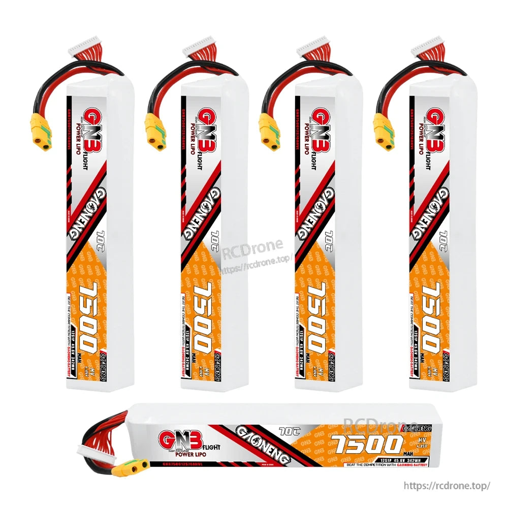 Five-battery assortment shown: four standing and one horizontal GNB 12S HV 7500mAh LiPo packs