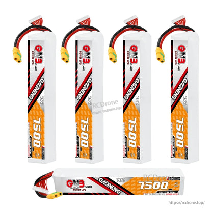 Five-battery assortment shown: four standing and one horizontal GNB 12S HV 7500mAh LiPo packs