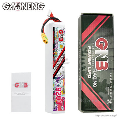 Package contents: GNB 8200mAh battery pack, retail box, and instruction leaflet shown together