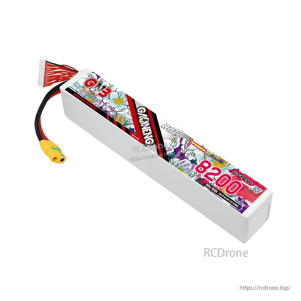 Angled view of GNB 8200mAh HV LiPo pack showing printed wrap and attached power lead