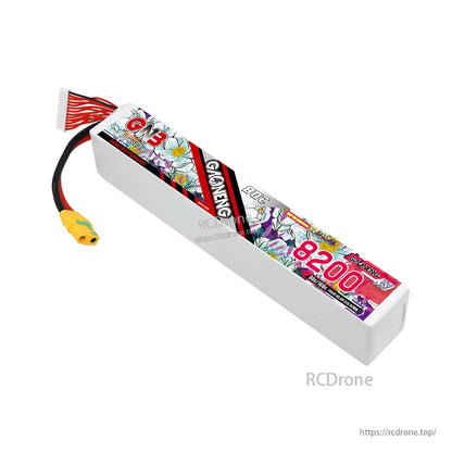 Angled view of GNB 8200mAh HV LiPo pack showing printed wrap and attached power lead