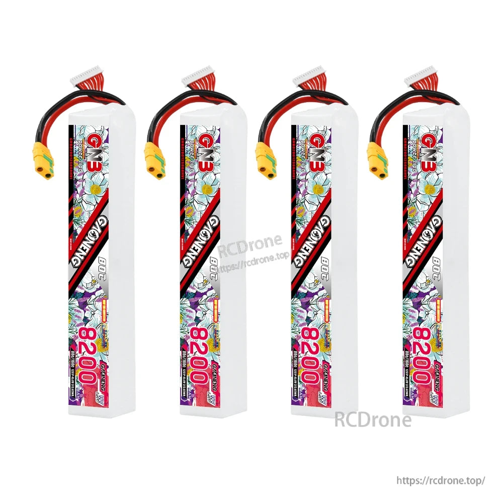 Four GNB 8200mAh HV LiPo battery packs shown upright, each with power lead and balance connector