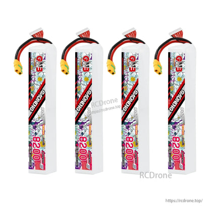 Four GNB 8200mAh HV LiPo battery packs shown upright, each with power lead and balance connector