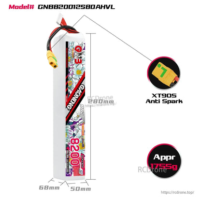 GNB820012S80AHVL battery size diagram with dimensions and XT90S anti-spark connector callout