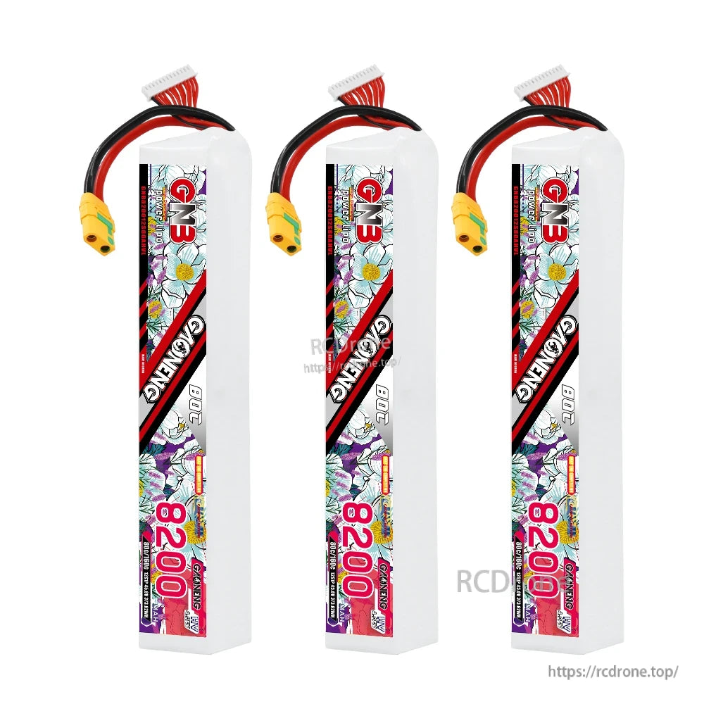Three GNB 8200mAh 12S HV LiPo battery packs shown together with XT90-style leads