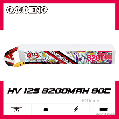 Side profile of GAONENG GNB 12S 45.6V HV 8200mAh 80C LiPo battery, label and wiring visible