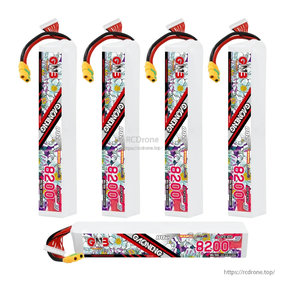 Five GNB 8200mAh HV LiPo packs shown (four upright, one horizontal) with leads and balance plugs