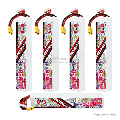 Five GNB 8200mAh HV LiPo packs shown (four upright, one horizontal) with leads and balance plugs