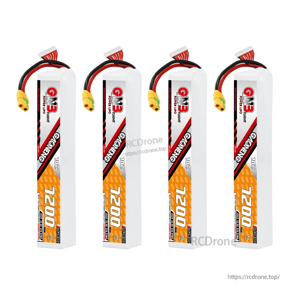 Four GAONENG GNB 7200 stick LiPo batteries lineup, each with balance lead and XT90S connector