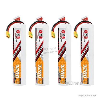 Four GAONENG GNB 7200 stick LiPo batteries lineup, each with balance lead and XT90S connector