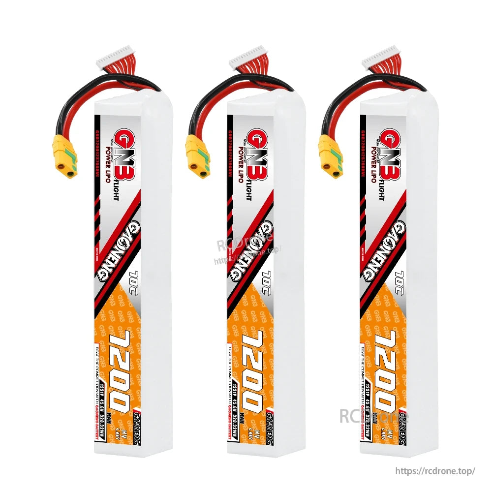Three GAONENG GNB 7200 stick LiPo batteries lineup, front label view with connectors