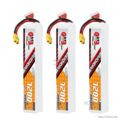 Three GAONENG GNB 7200 stick LiPo batteries lineup, front label view with connectors