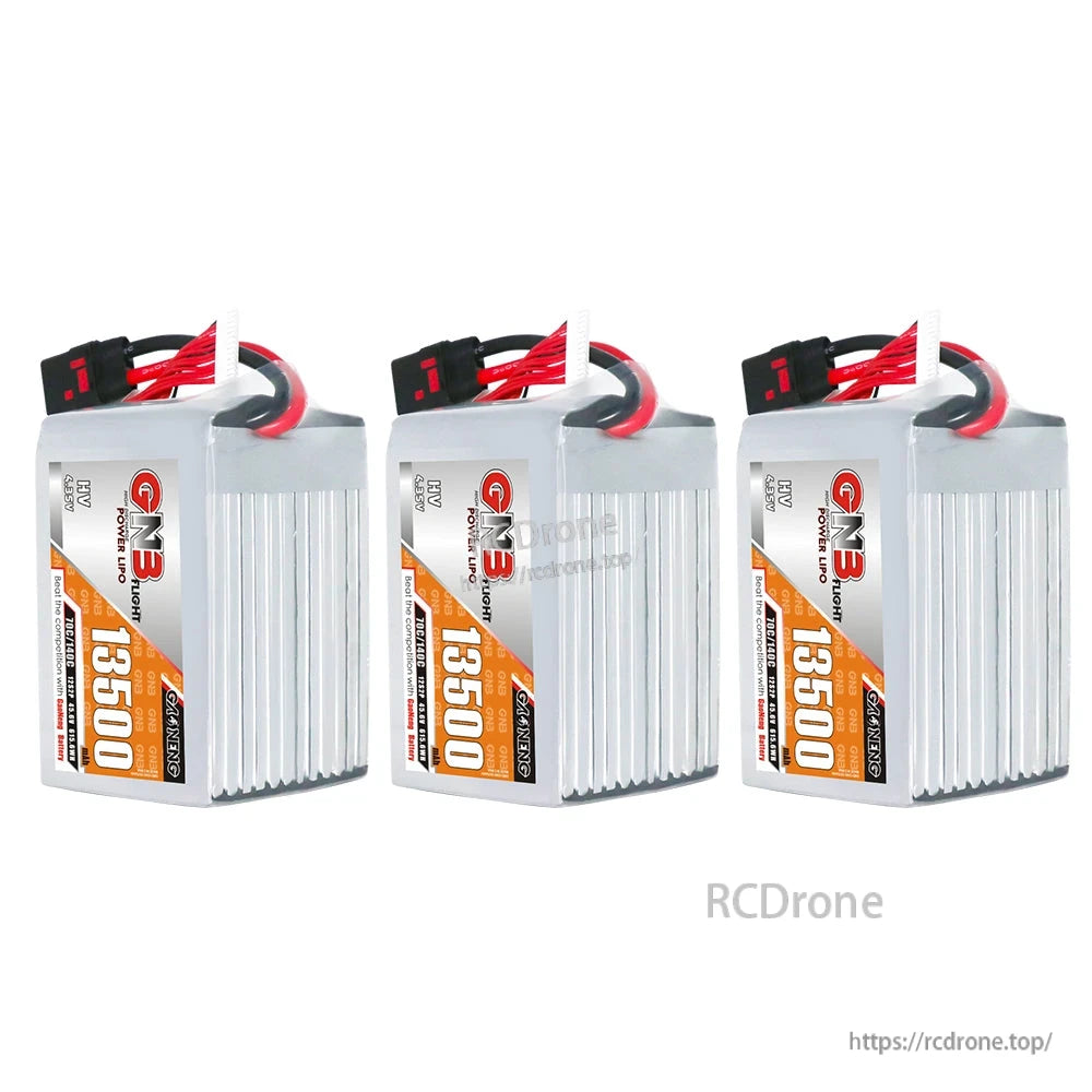 Three GAONENG GNB 13500mAh HV LiPo batteries lined up, each with QS8 connector